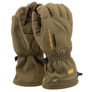 Olive green insulated winter gloves with branding.