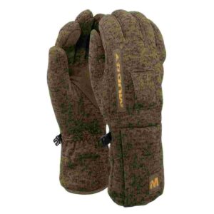 Brown knitted gloves with green accents.