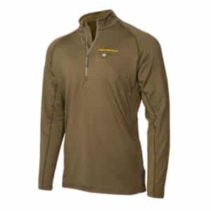 Olive long-sleeve athletic top with quarter-zip.