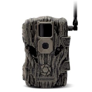 Camouflage trail camera with antenna for wildlife monitoring.