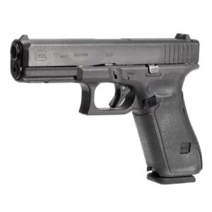 Black semi-automatic handgun on white background