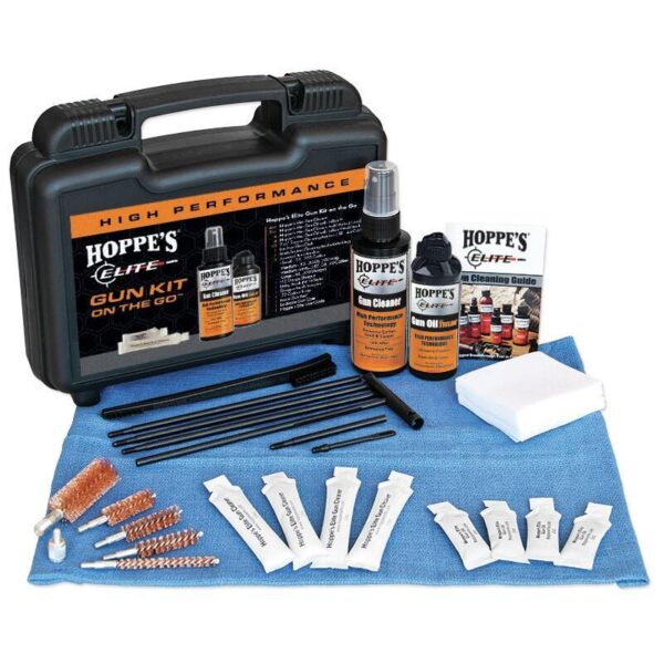 Hoppe's gun cleaning kit with tools and supplies.