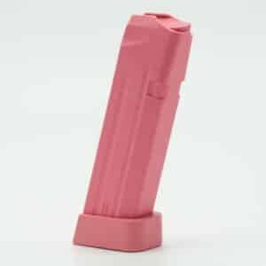 Pink plastic Glock magazine replica on white background.