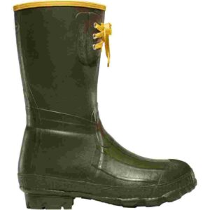 Green rubber boot with yellow laces