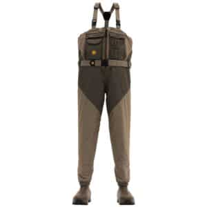 Brown fishing waders with boots and pockets.