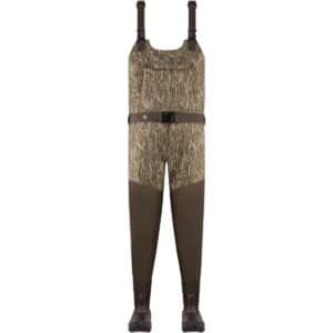 Camouflage fishing waders with boots attached.