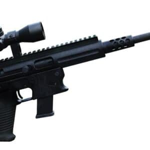 Scoped black rifle on white background