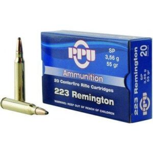 .223 Remington ammunition box with cartridges visible.