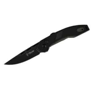 Black tactical folding knife with textured handle.