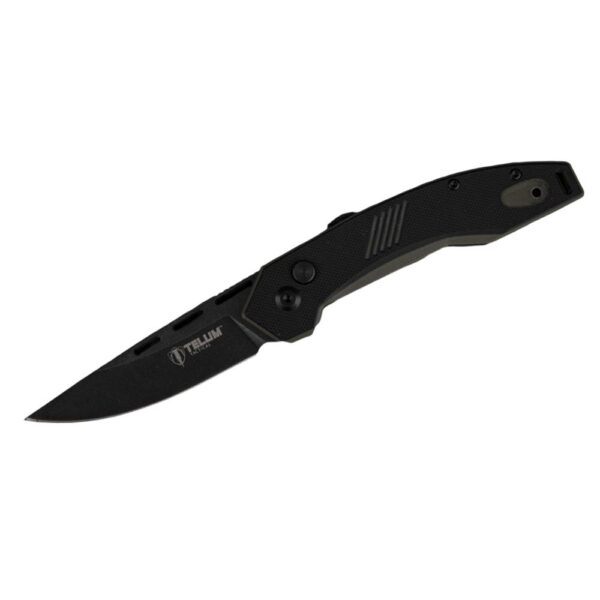 Black tactical folding knife with textured handle.