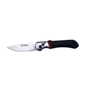 Folding knife with black handle and silver blade.