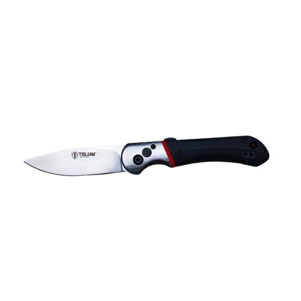Folding knife with black handle and silver blade.