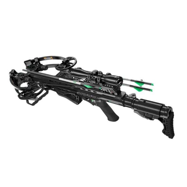 High-tech black crossbow with green accents