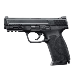 Black handgun on a white background.