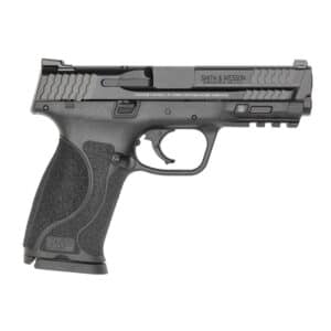 Black semi-automatic handgun on white background
