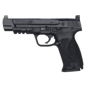 Black semi-automatic handgun, side view.