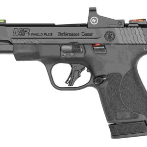 Black semi-automatic handgun with sight attachment.