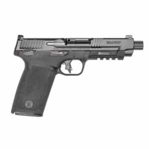 Black handgun on white background