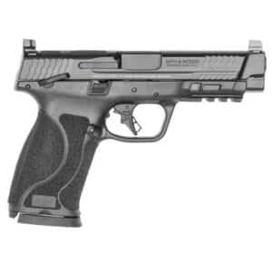 Black semi-automatic handgun, side view.