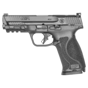 Black semi-automatic pistol, side view.