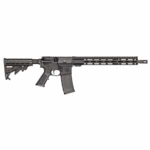 Black rifle with adjustable stock and rail system.