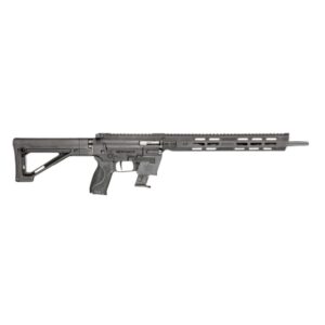 Tactical rifle, modern design, long barrel, black finish.