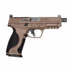 Smith & Wesson tan pistol side view.
