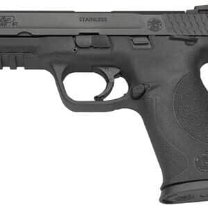 Black handgun, semi-automatic pistol side view.