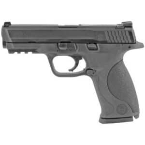 Black handgun side view on white background.