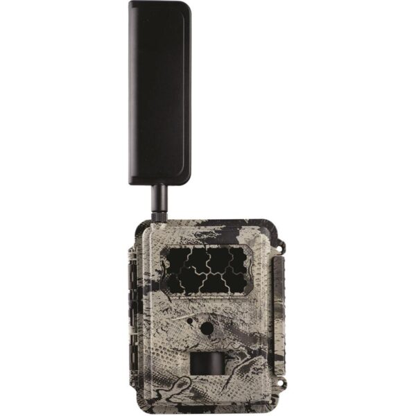 Outdoor trail camera with antenna and camouflage design.