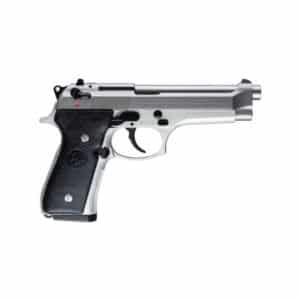 Silver and black handgun pistol side view.