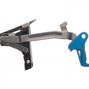 Metal firearm trigger assembly with blue component