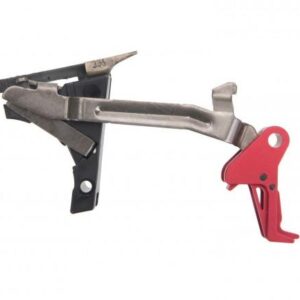 Red and silver rifle trigger assembly on white background.