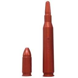 Two red dummy bullets, different sizes.