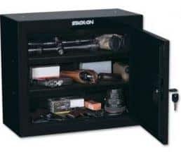 Open gun safe with firearms and accessories inside.