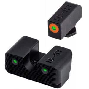 Handgun fiber optic sights with green and orange dots.