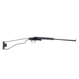 Survival rifle with folding stock, white background.