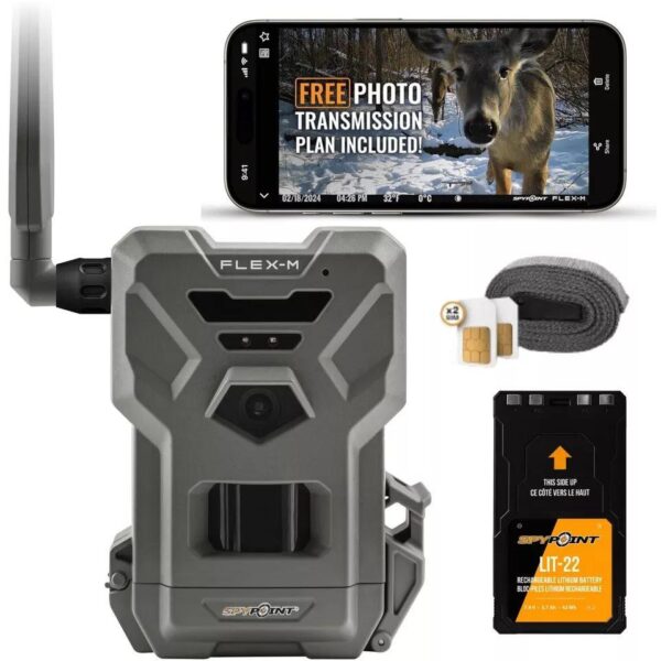 Spypoint FLEX-M camera with accessories and free plan.