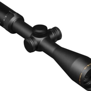 Black rifle scope with adjustment knobs.