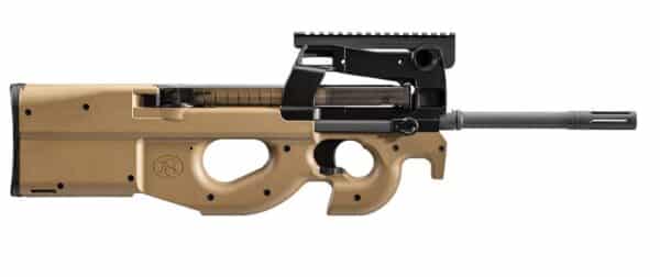 Tan bullpup design rifle with long barrel