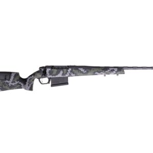 Camouflage pattern bolt-action rifle side view.