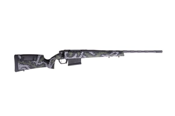 Camouflage-patterned hunting rifle side view.