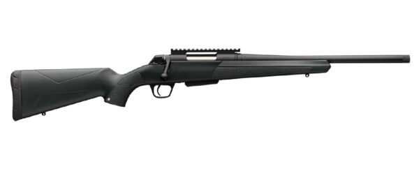 Bolt-action rifle with black stock and scope rail.
