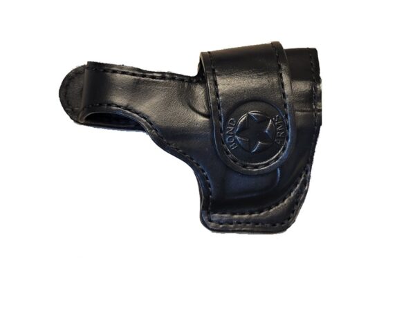 Black leather pistol holster with Bond Arms logo