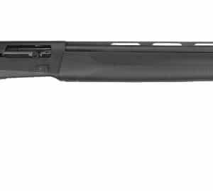 Black semi-automatic shotgun on white background