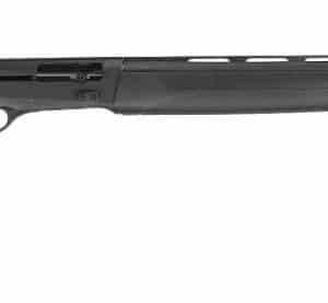 Black semiautomatic shotgun with long barrel.