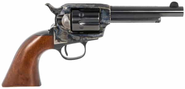Vintage revolver with wooden handle and metal barrel.