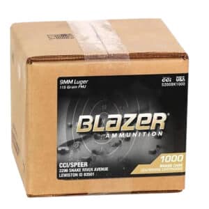 Blazer 9mm Luger 115 Grain FMJ ammunition box.