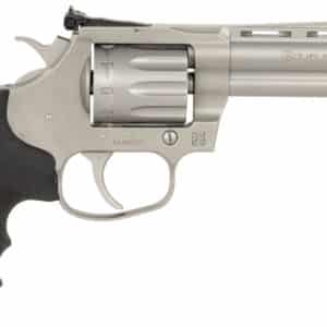 Silver revolver with black grip handle