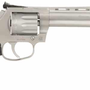 Silver revolver with black handle, side view.
